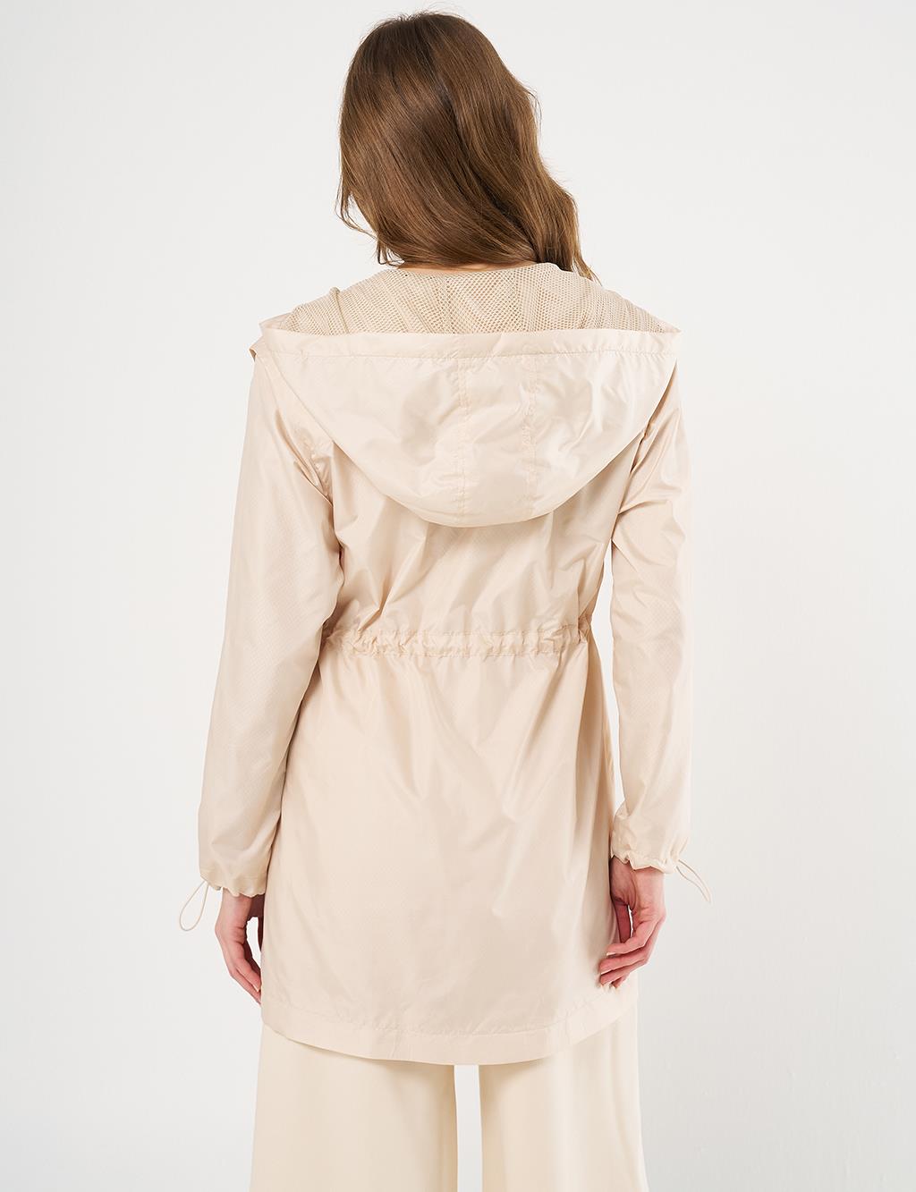 Mesh Detail Drawstring Waist Coat Stone 
