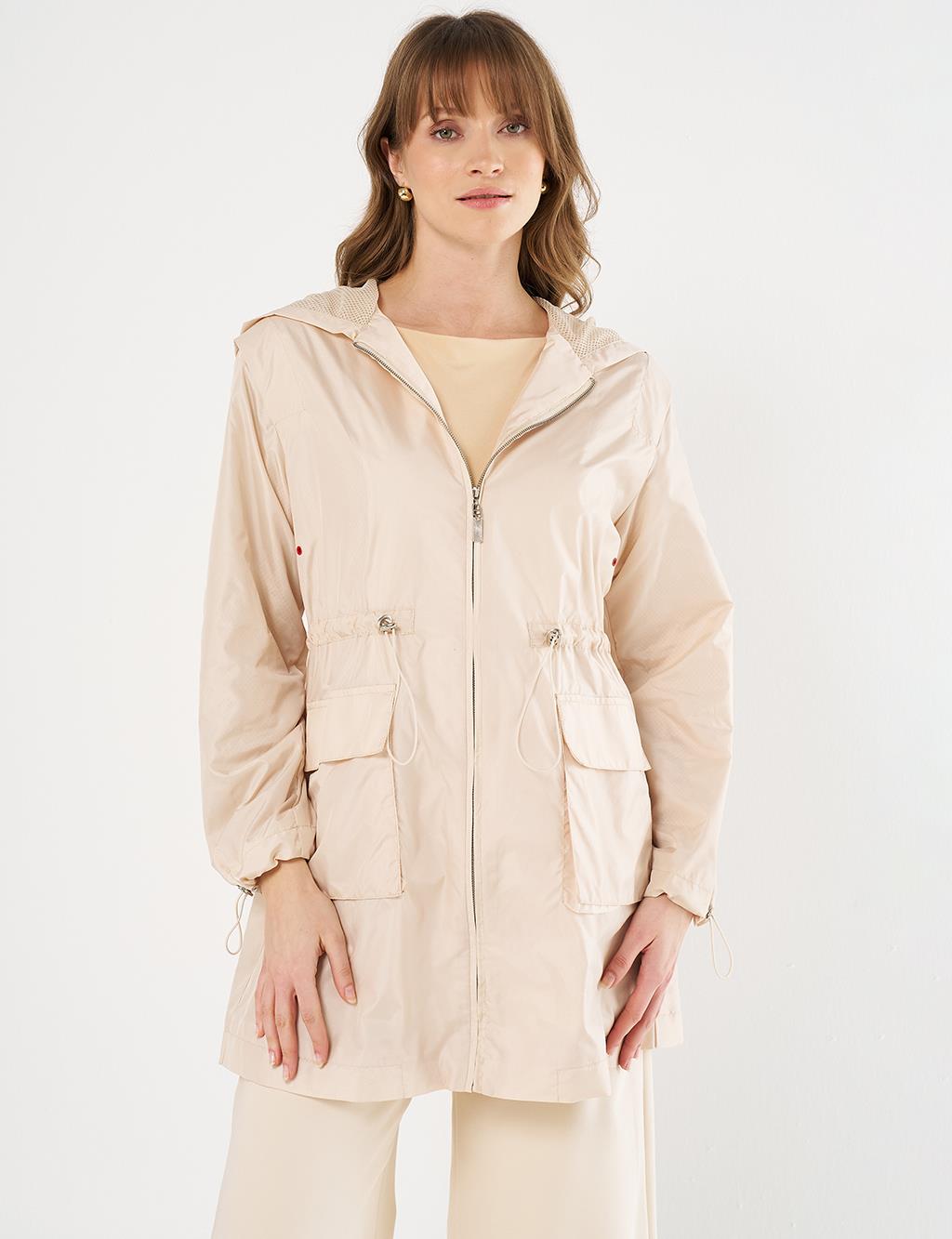 Mesh Detail Drawstring Waist Coat Stone 