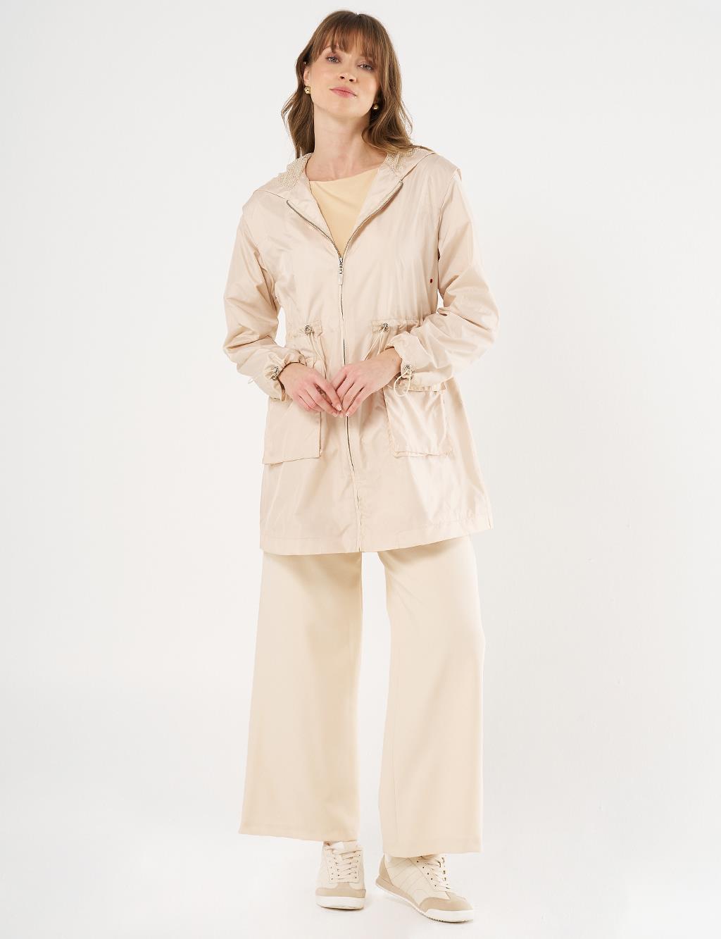 Mesh Detail Drawstring Waist Coat Stone 