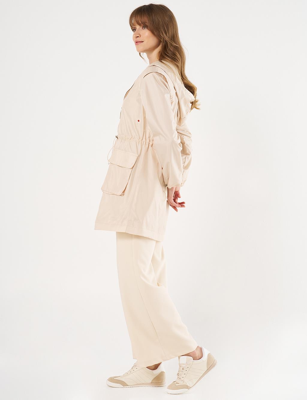 Mesh Detail Drawstring Waist Coat Stone 