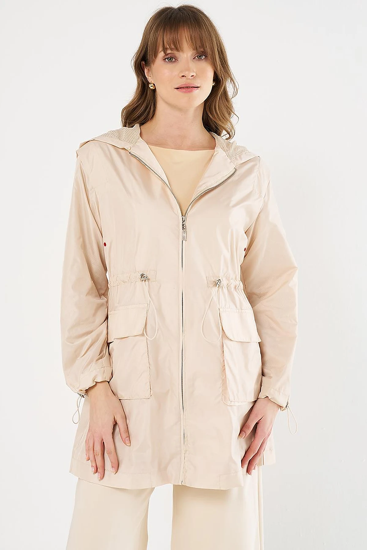 Mesh Detail Drawstring Waist Coat Stone 