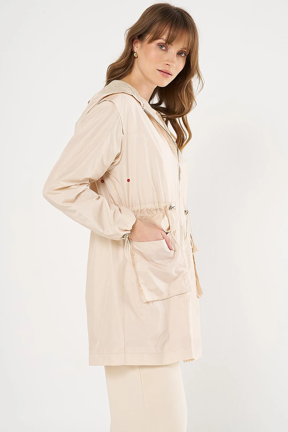 Mesh Detail Drawstring Waist Coat Stone 