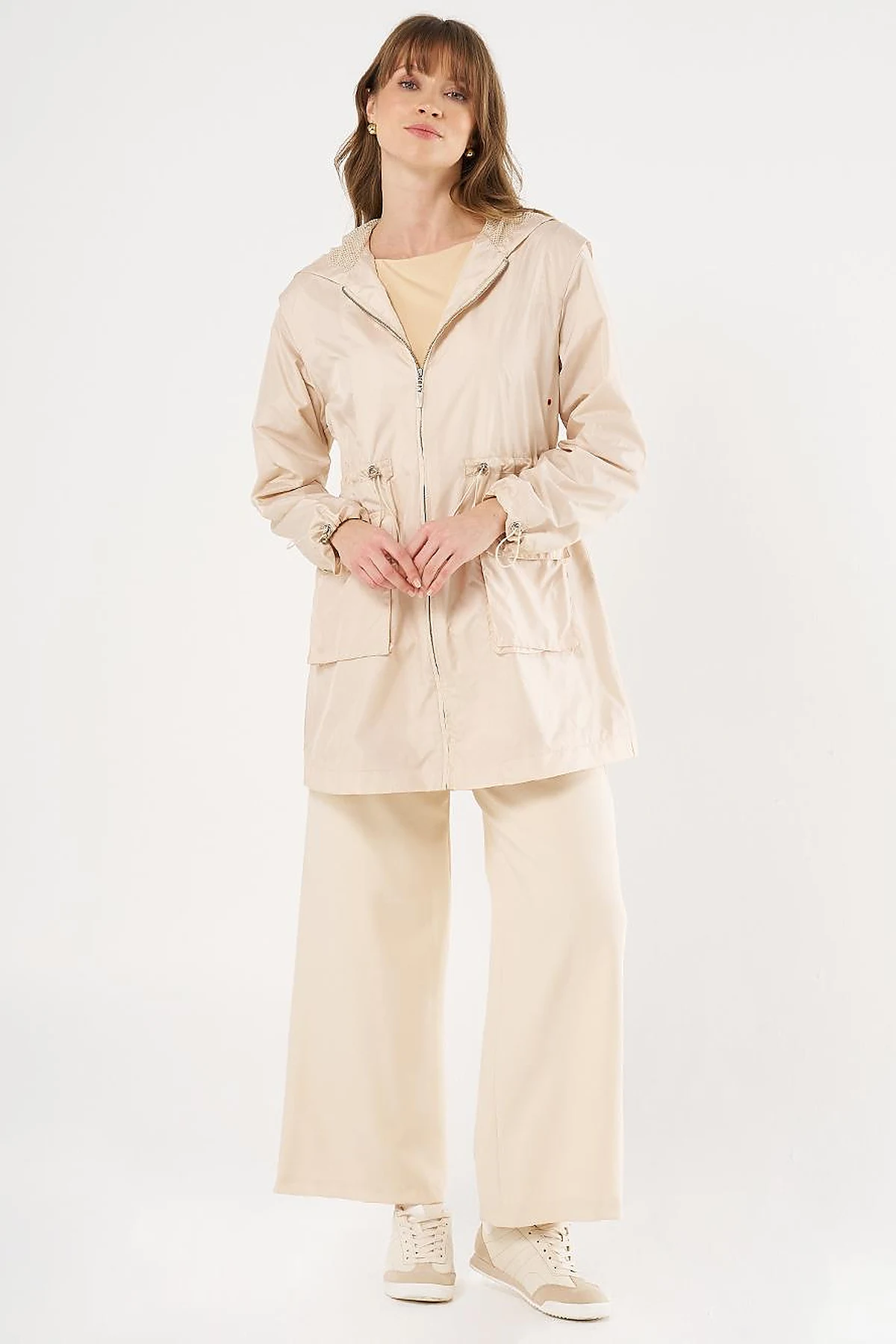 Mesh Detail Drawstring Waist Coat Stone 