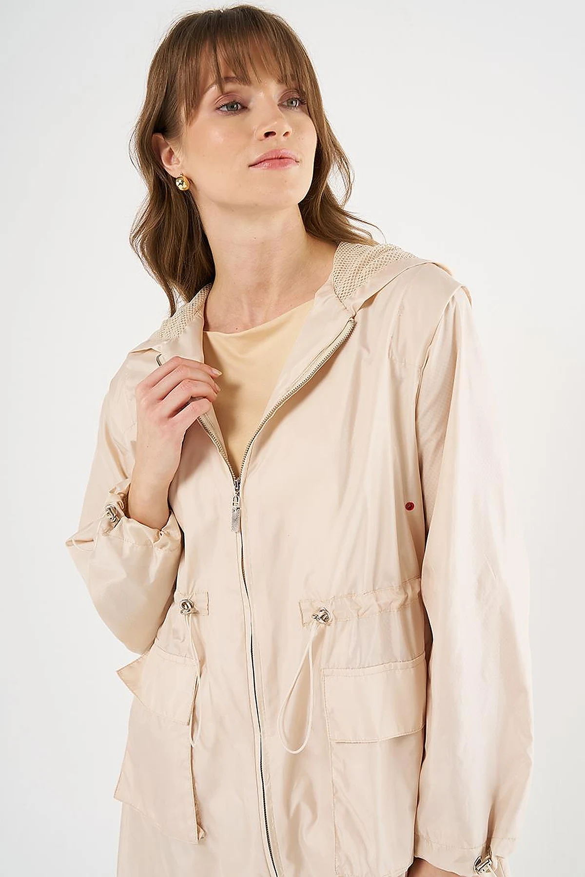 Mesh Detail Drawstring Waist Coat Stone 