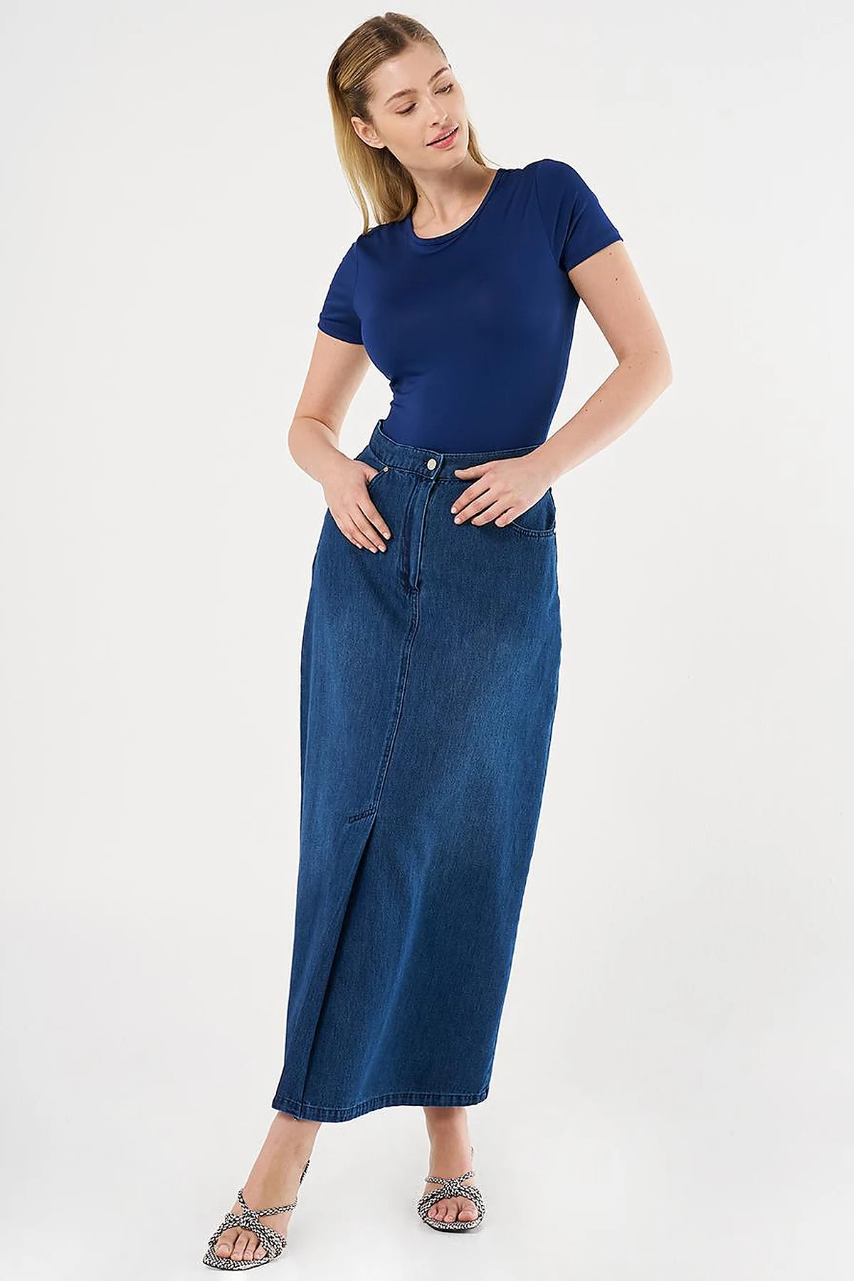 High-Waist Denim Skirt Navy Blue