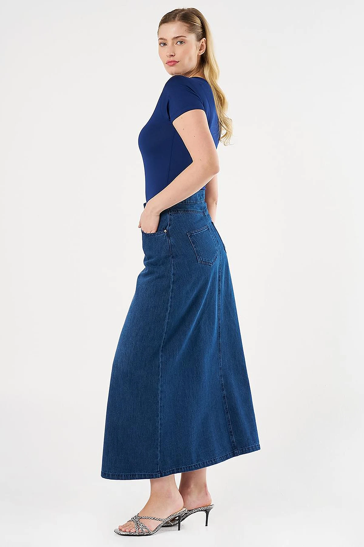 High-Waist Denim Skirt Navy Blue