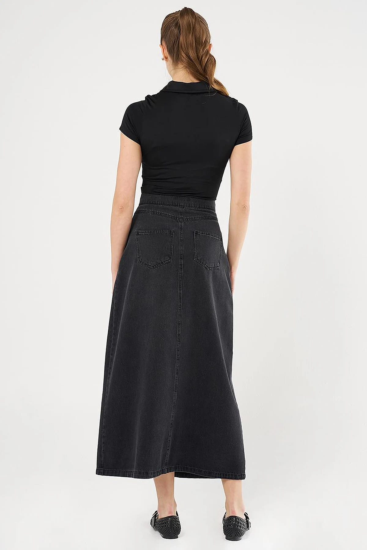 High-Waist Denim Skirt - Charcoal Gray