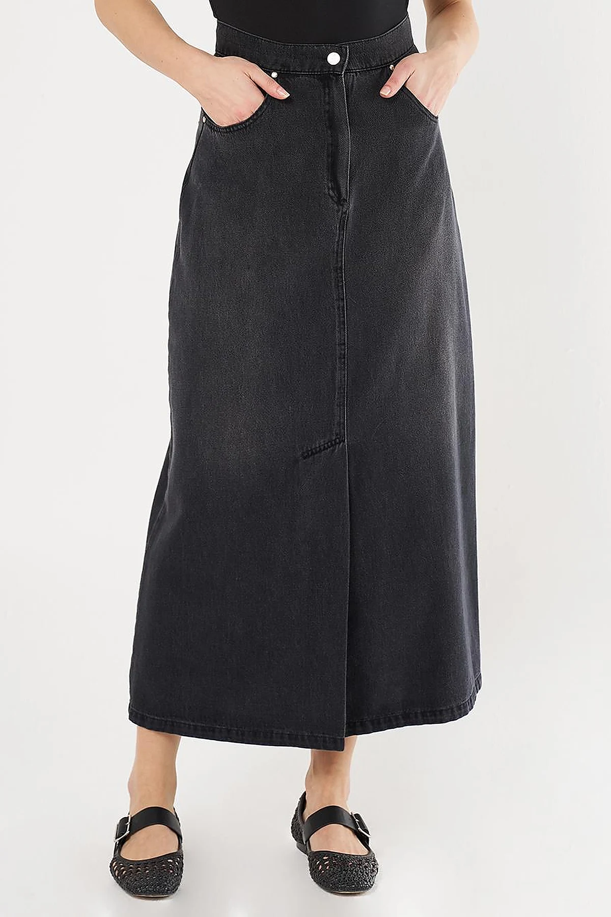 High-Waist Denim Skirt - Charcoal Gray