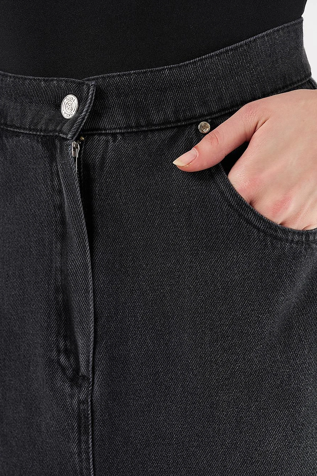 High-Waist Denim Skirt - Charcoal Gray