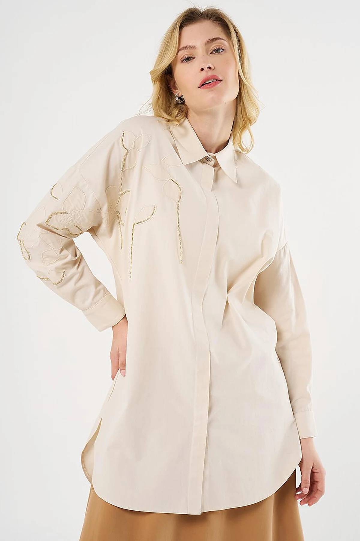 100% Cotton Stone Embellished Tunic Cream