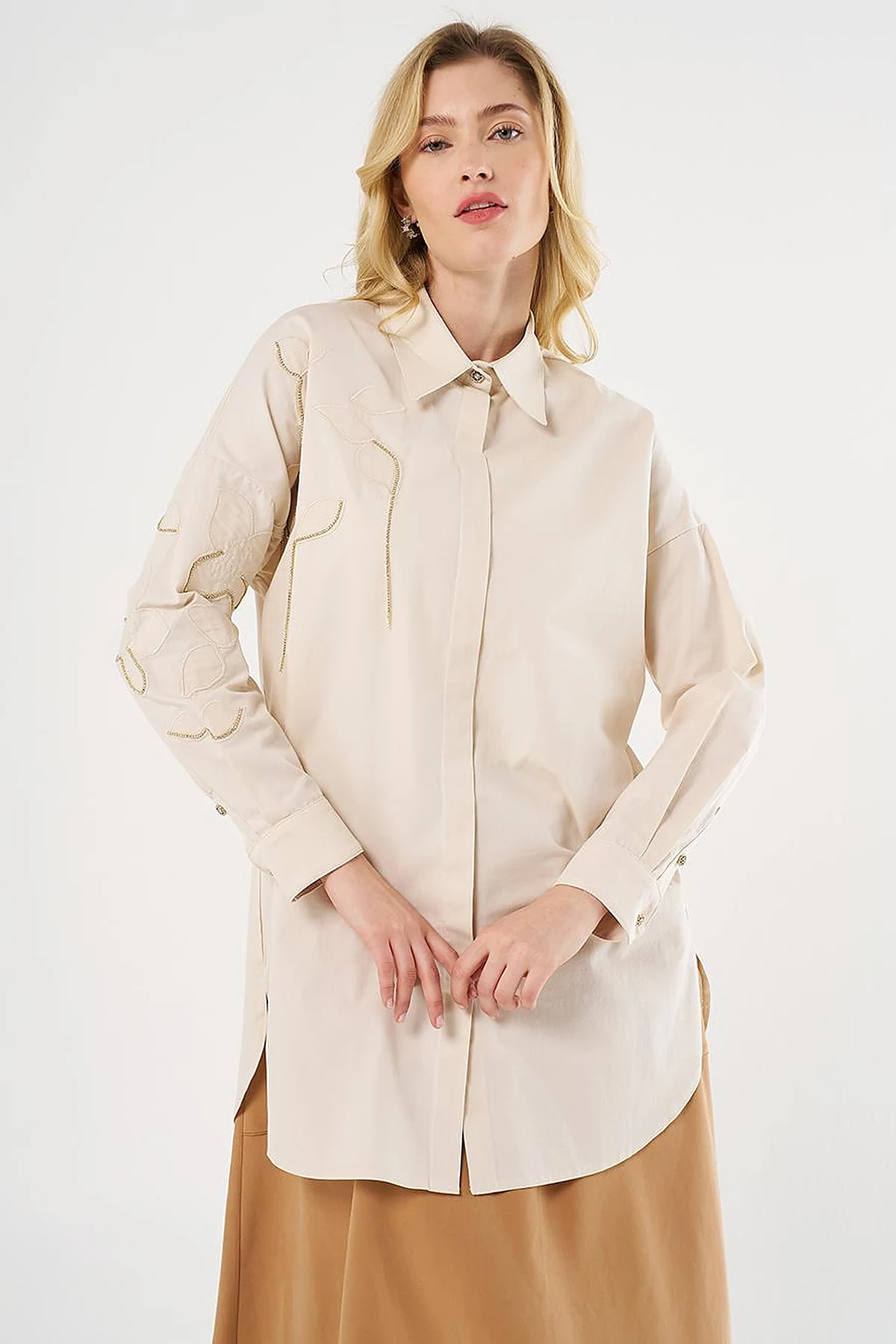 100% Cotton Stone Embellished Tunic Cream