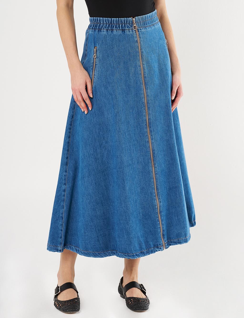  Zipper-Closure Denim Balloon Skirt - Indigo