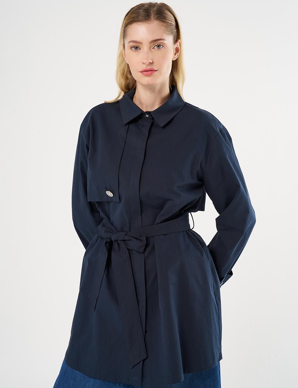 Shiny Button-Detail Cotton Tunic - Dark Navy Blue