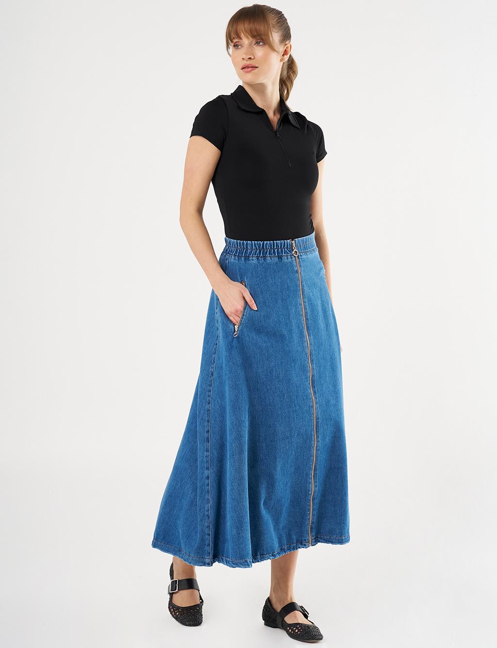  Zipper-Closure Denim Balloon Skirt - Indigo