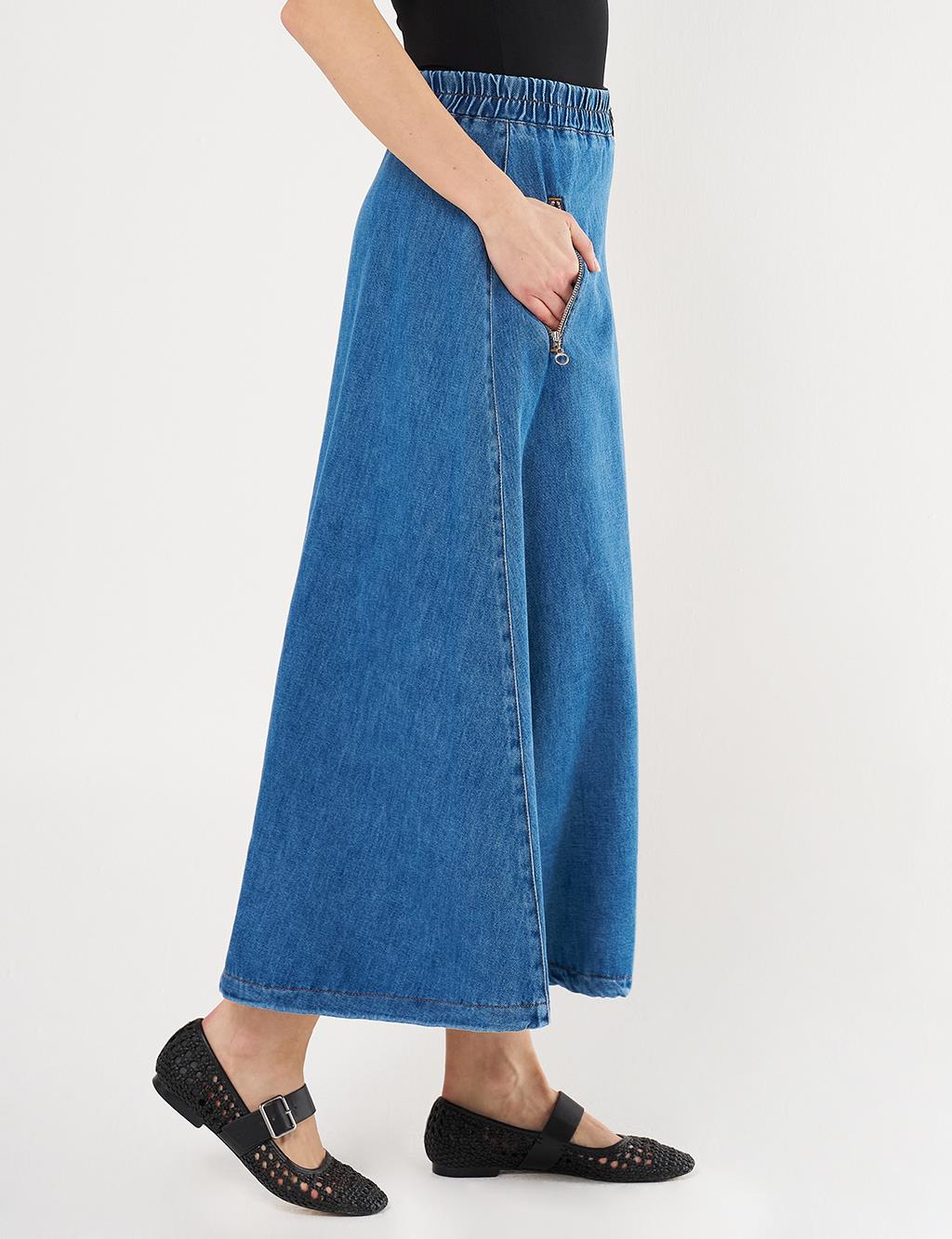  Zipper-Closure Denim Balloon Skirt - Indigo
