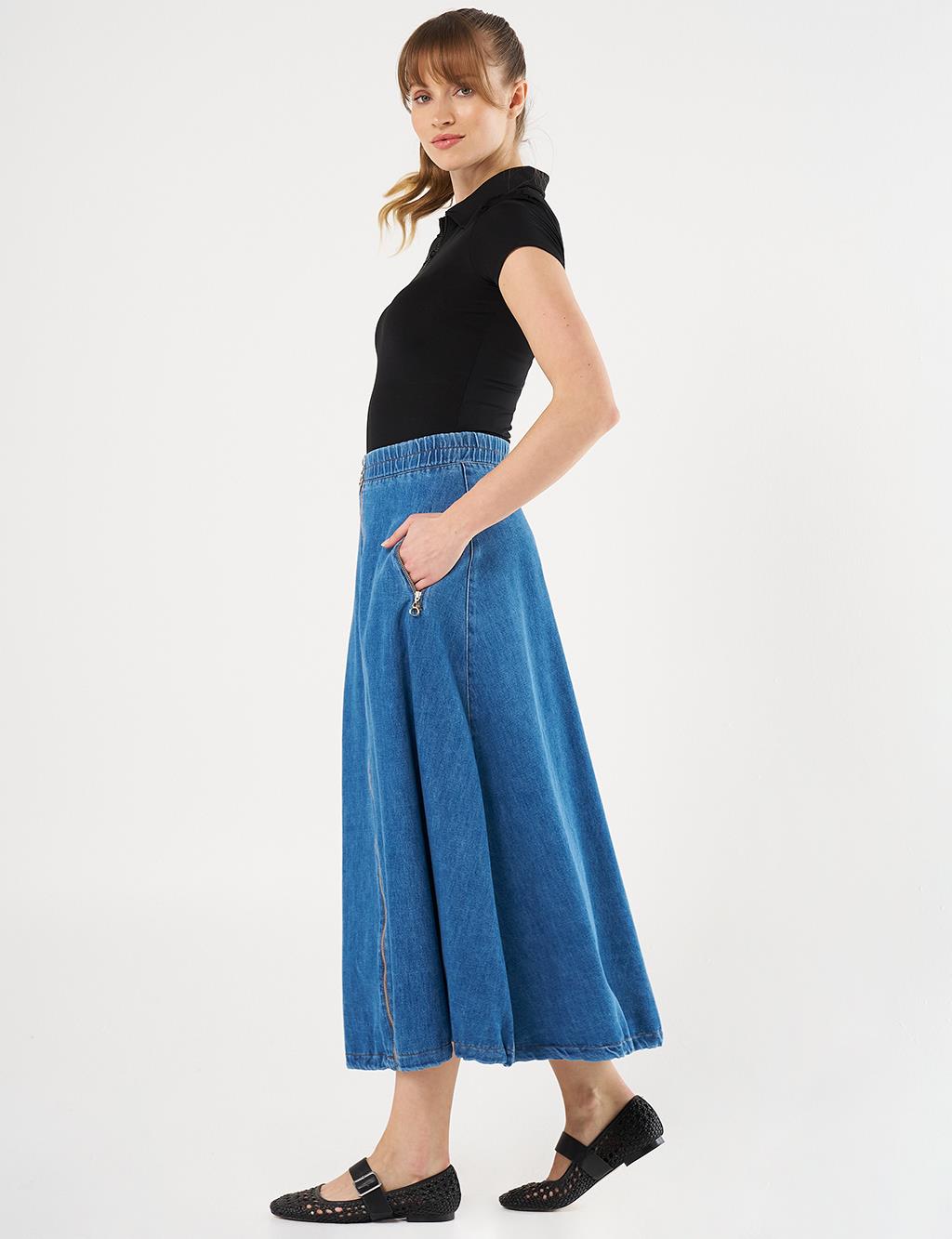  Zipper-Closure Denim Balloon Skirt - Indigo