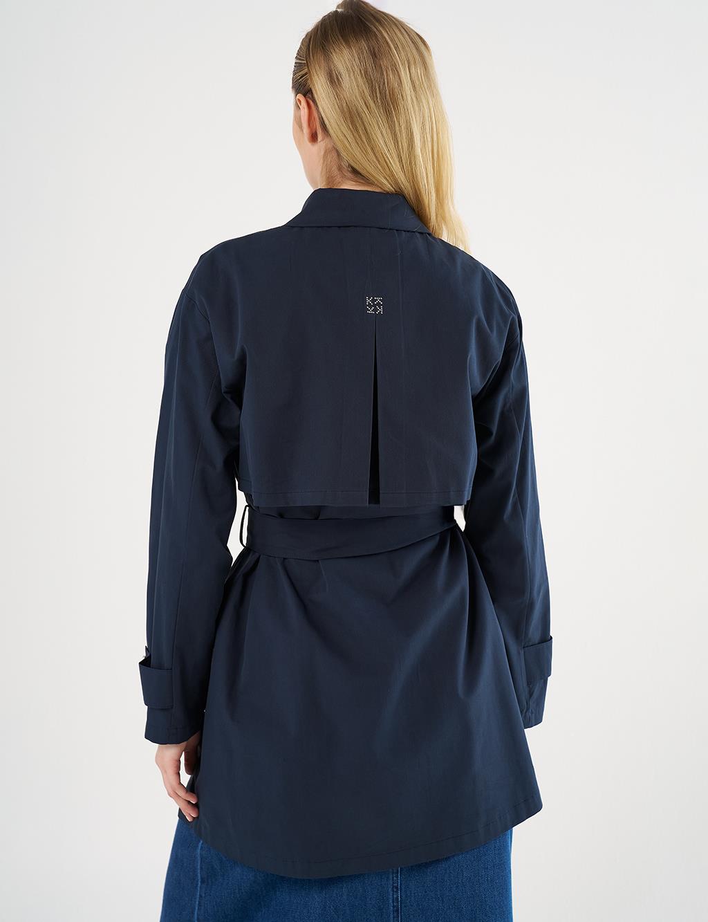 Shiny Button-Detail Cotton Tunic - Dark Navy Blue