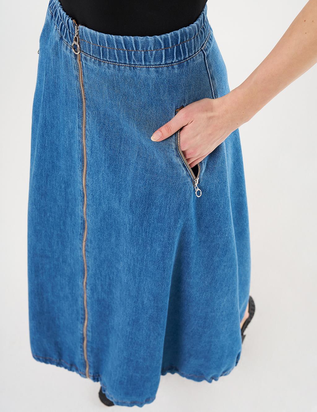  Zipper-Closure Denim Balloon Skirt - Indigo