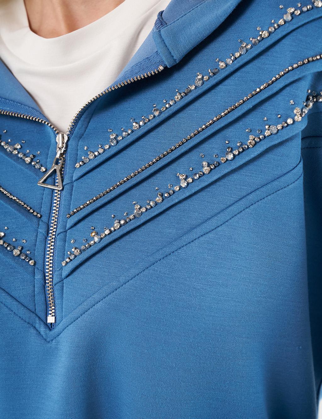 Stitch-Detail and Stone-Embellished Scuba Sweatshirt - Royal Blue