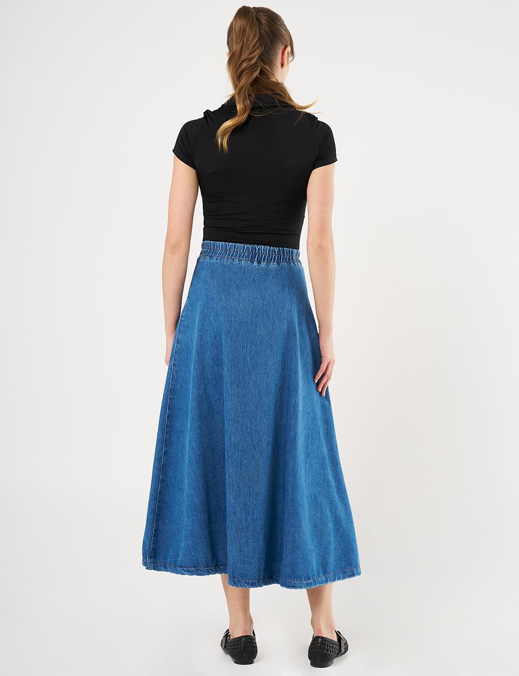  Zipper-Closure Denim Balloon Skirt - Indigo