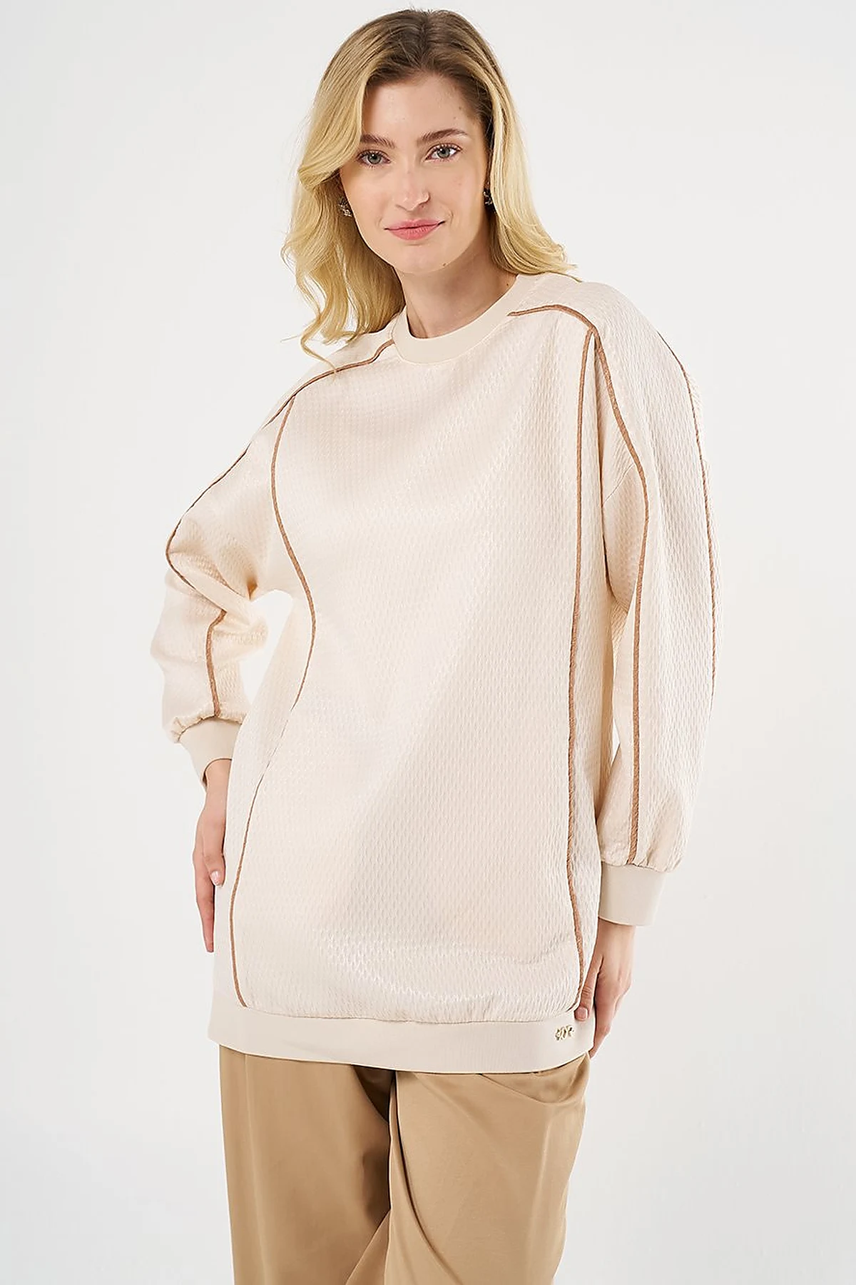 Düşük Omuz Gofreli Sweatshirt Krem 