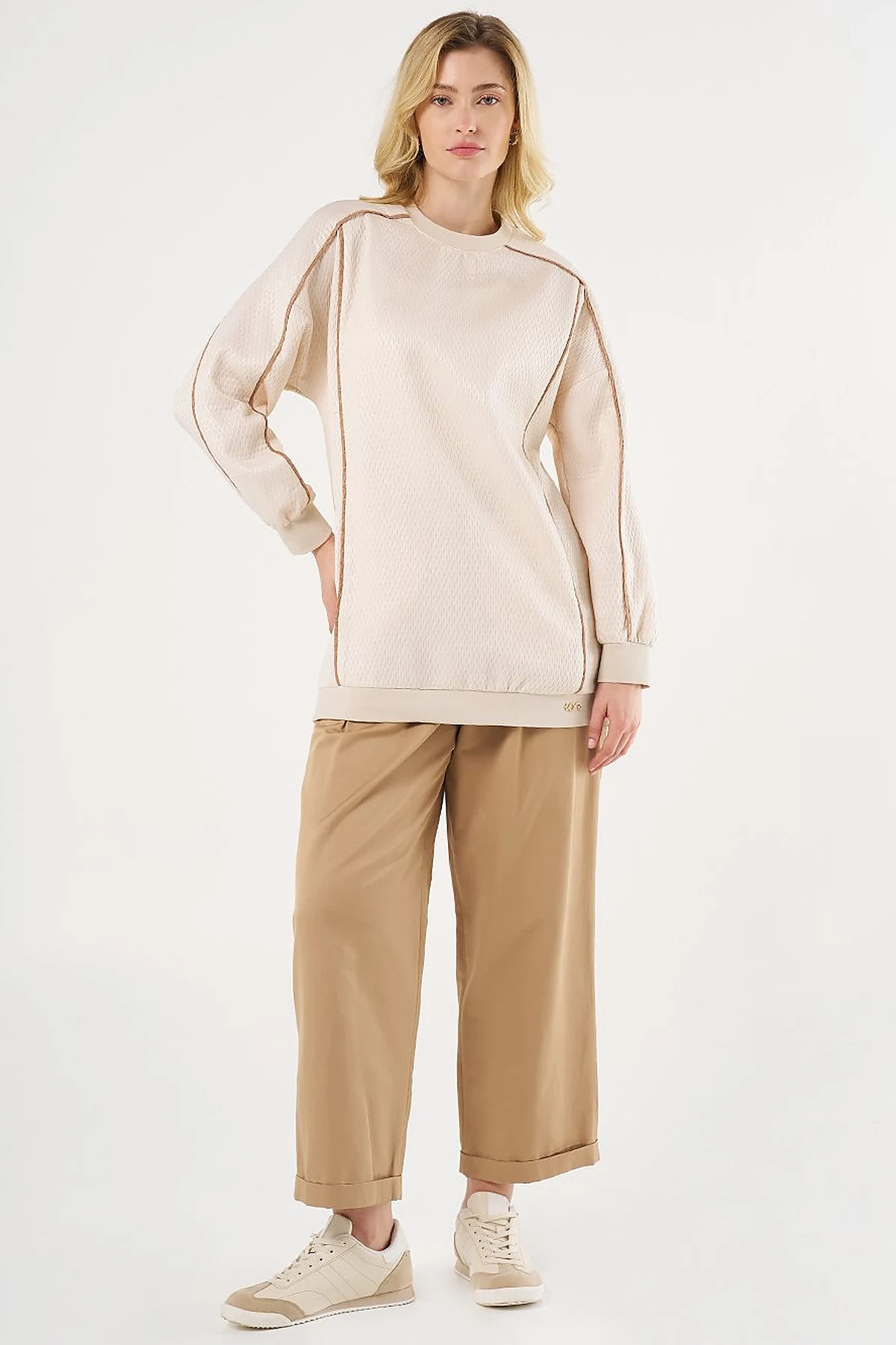 Düşük Omuz Gofreli Sweatshirt Krem 