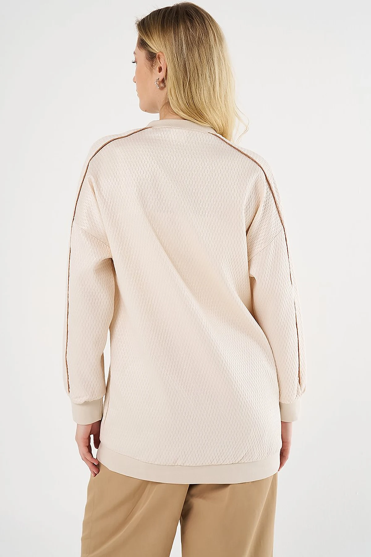 Düşük Omuz Gofreli Sweatshirt Krem 