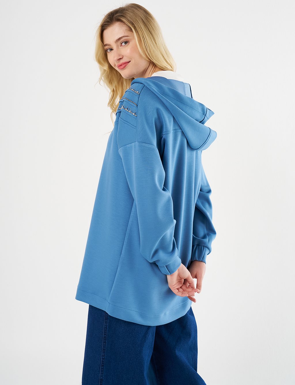 Stitch-Detail and Stone-Embellished Scuba Sweatshirt - Royal Blue