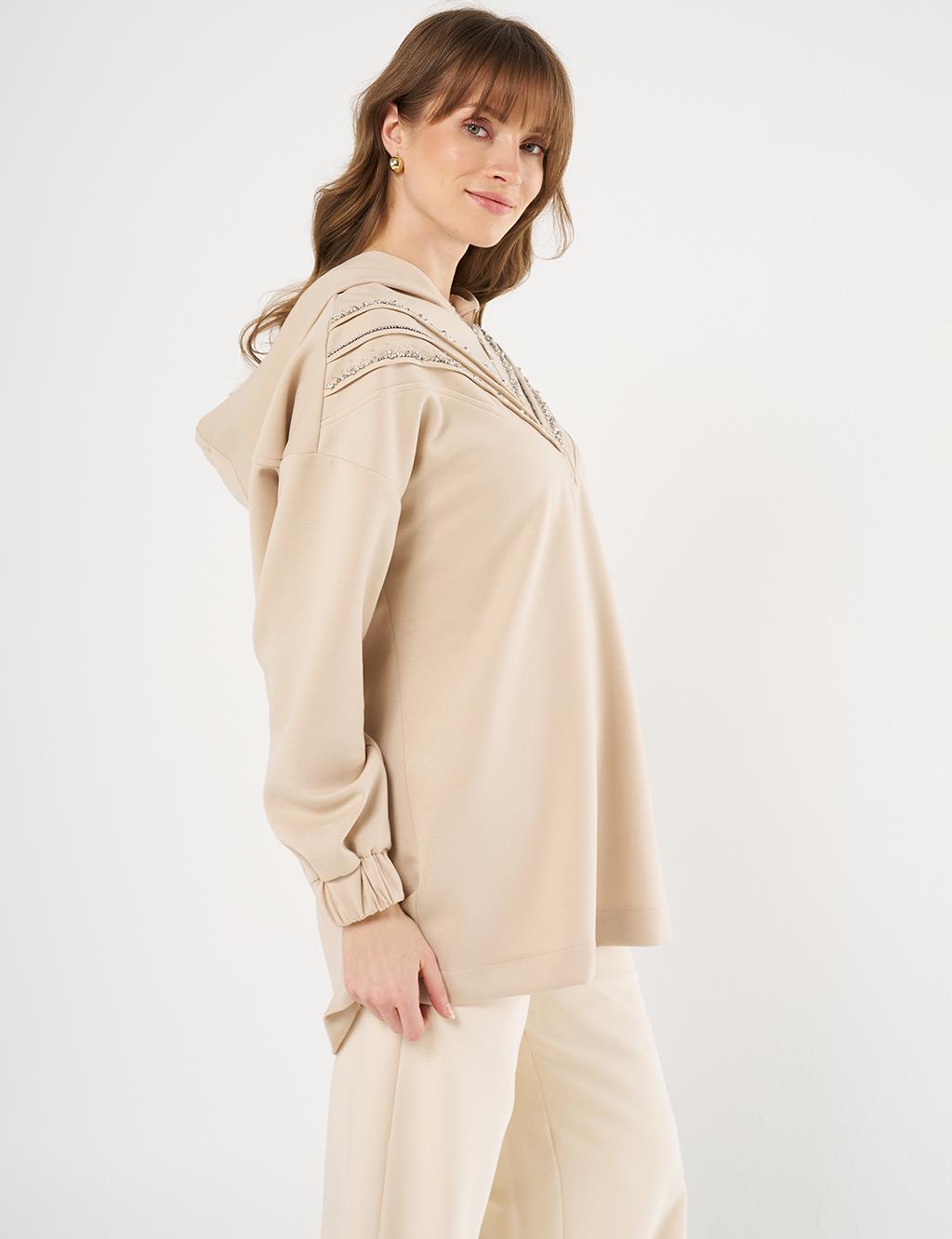 Stitch-Detail and Stone-Embellished Scuba Sweatshirt - Light Beige