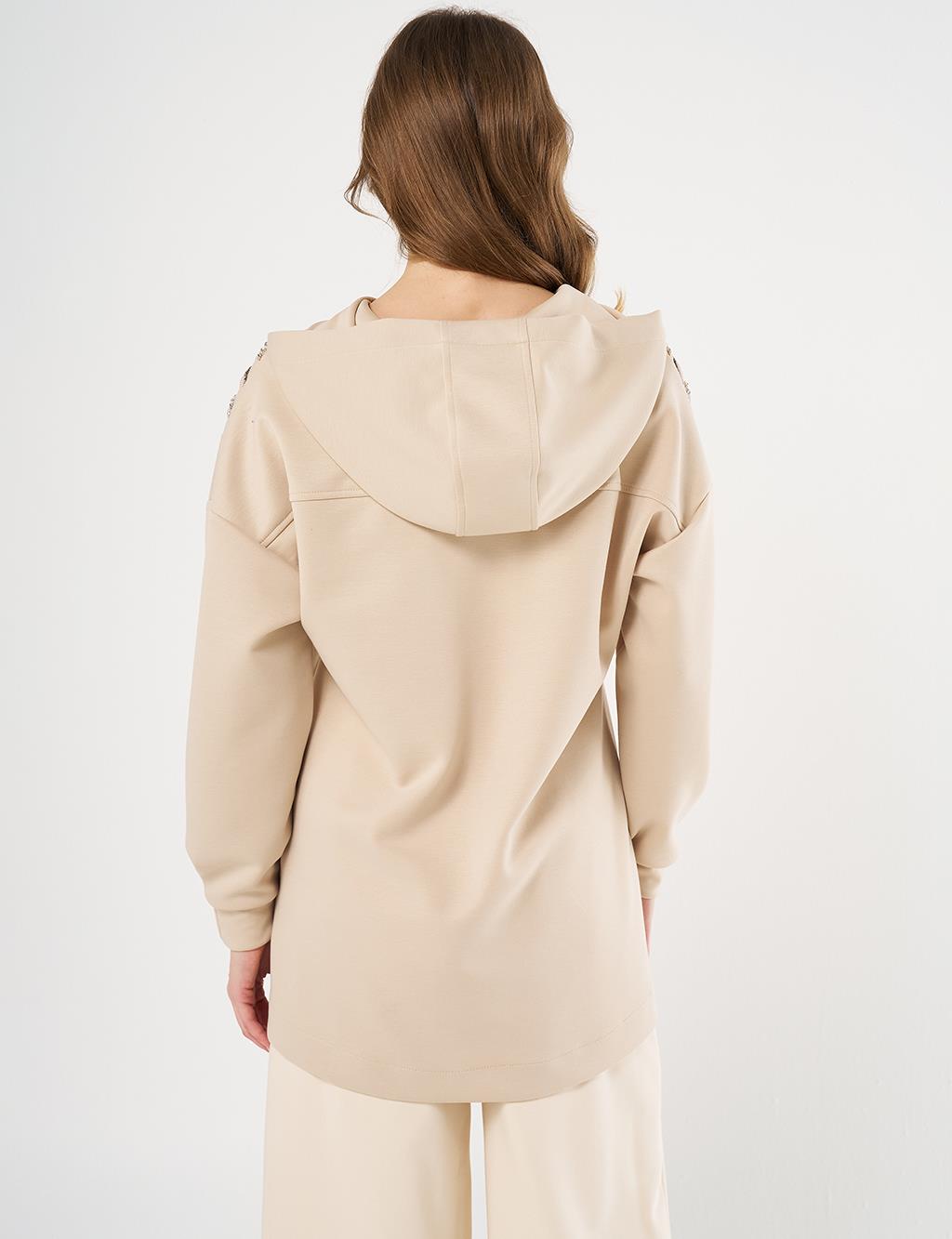 Stitch-Detail and Stone-Embellished Scuba Sweatshirt - Light Beige