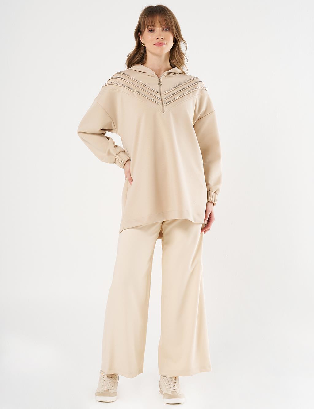 Stitch-Detail and Stone-Embellished Scuba Sweatshirt - Light Beige