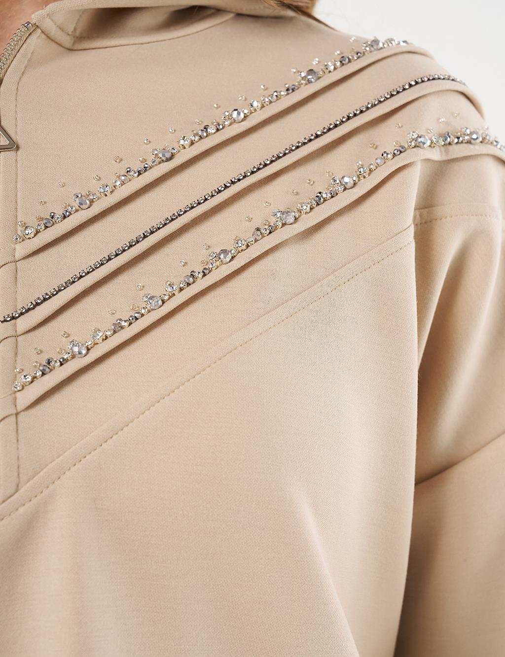 Stitch-Detail and Stone-Embellished Scuba Sweatshirt - Light Beige