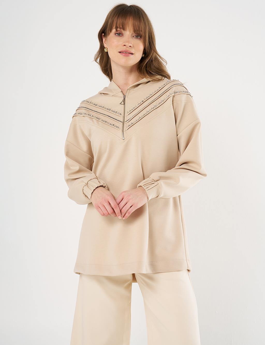 Stitch-Detail and Stone-Embellished Scuba Sweatshirt - Light Beige