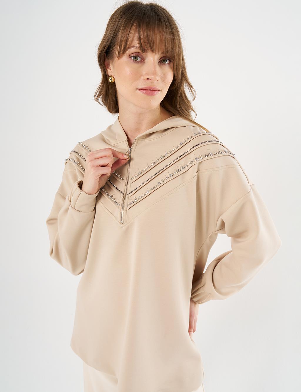 Stitch-Detail and Stone-Embellished Scuba Sweatshirt - Light Beige