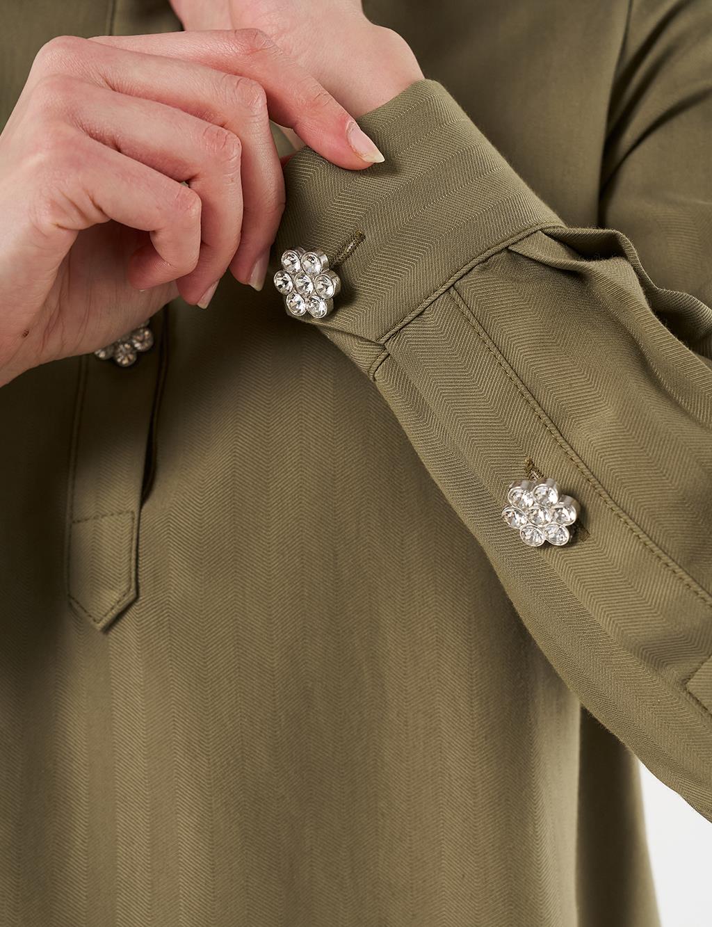 Shiny Button College Collar Tunic - Khaki