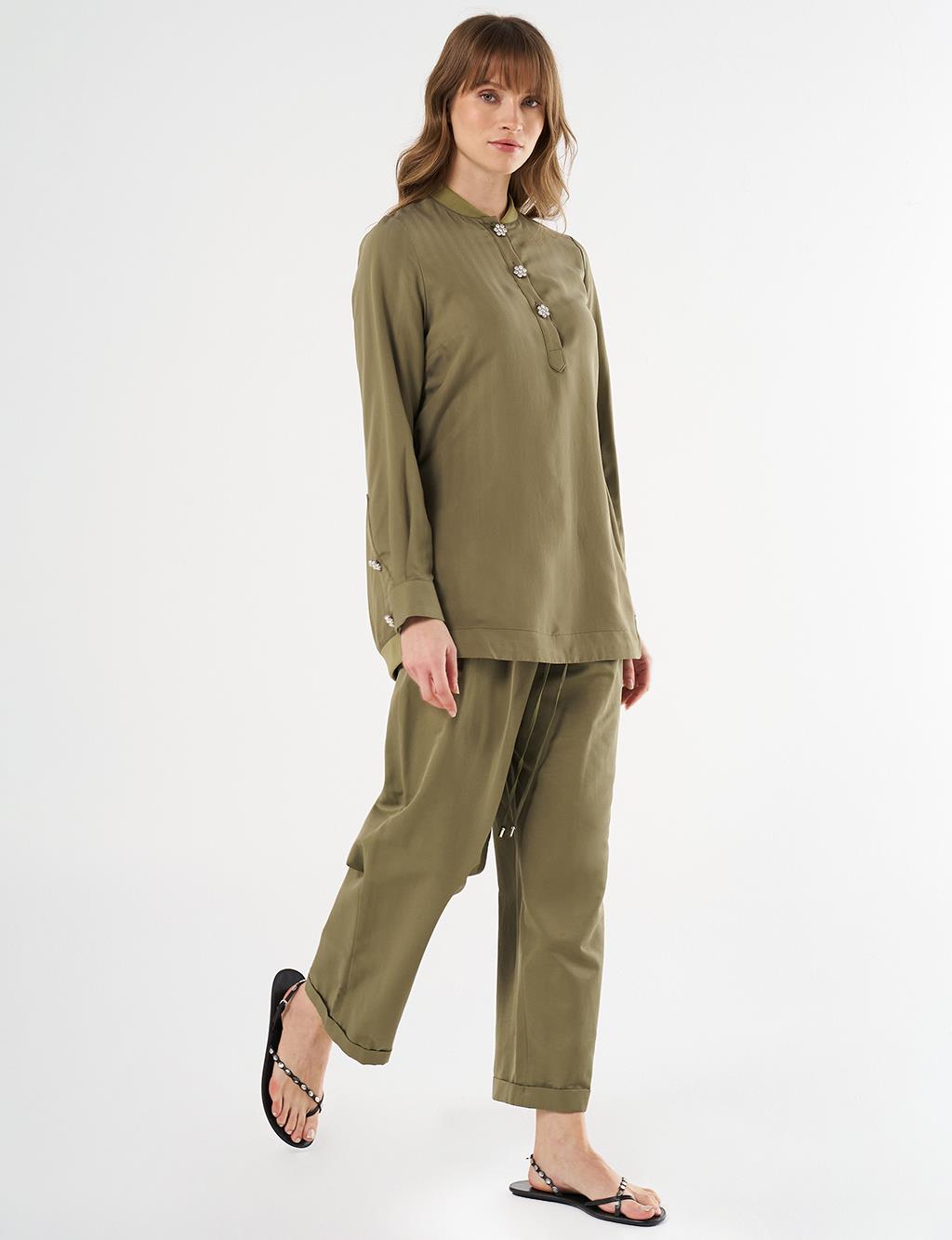 Shiny Button College Collar Tunic - Khaki