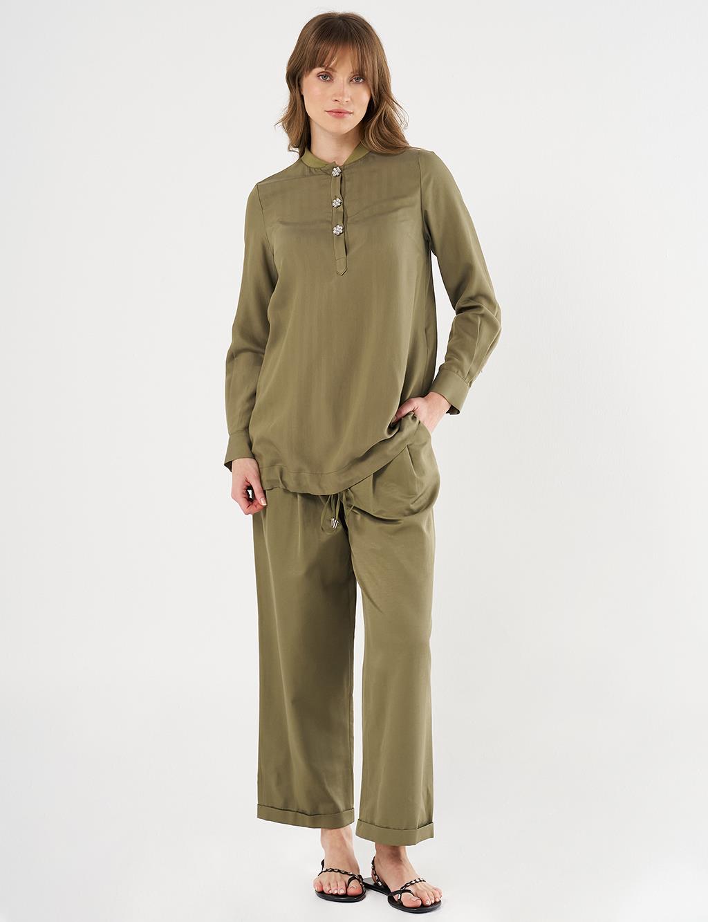 Shiny Button College Collar Tunic - Khaki