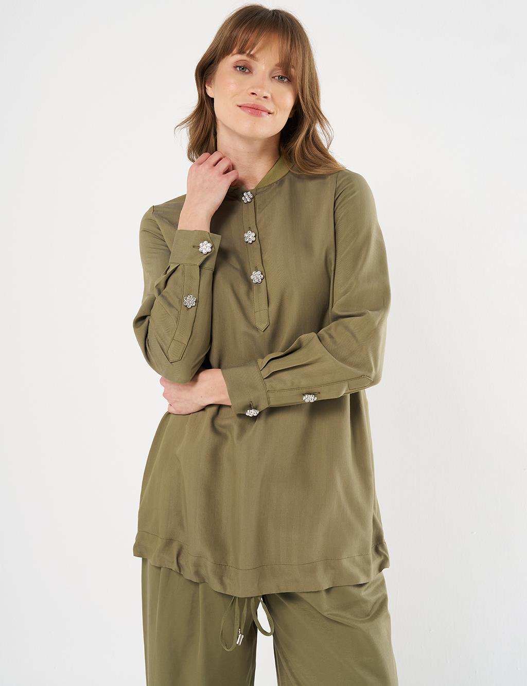 Shiny Button College Collar Tunic - Khaki