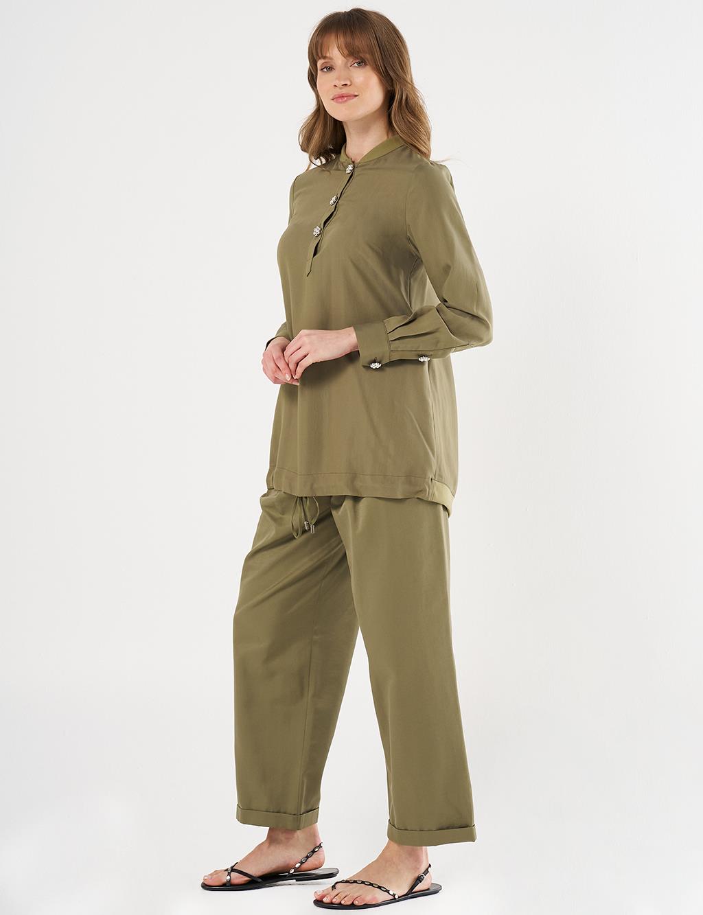 Shiny Button College Collar Tunic - Khaki