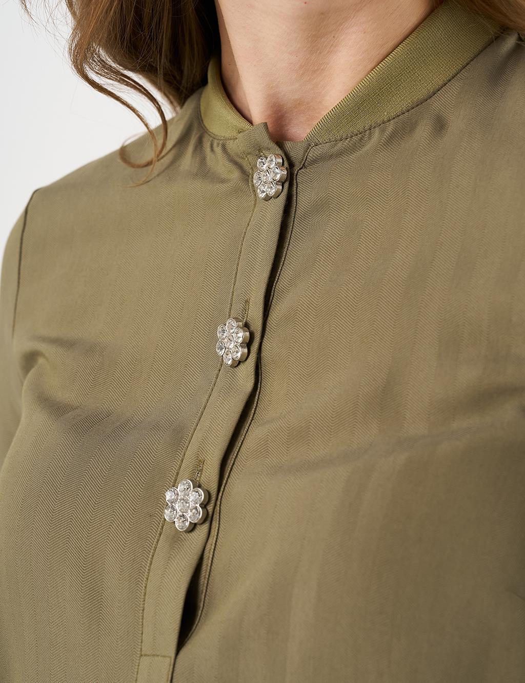 Shiny Button College Collar Tunic - Khaki