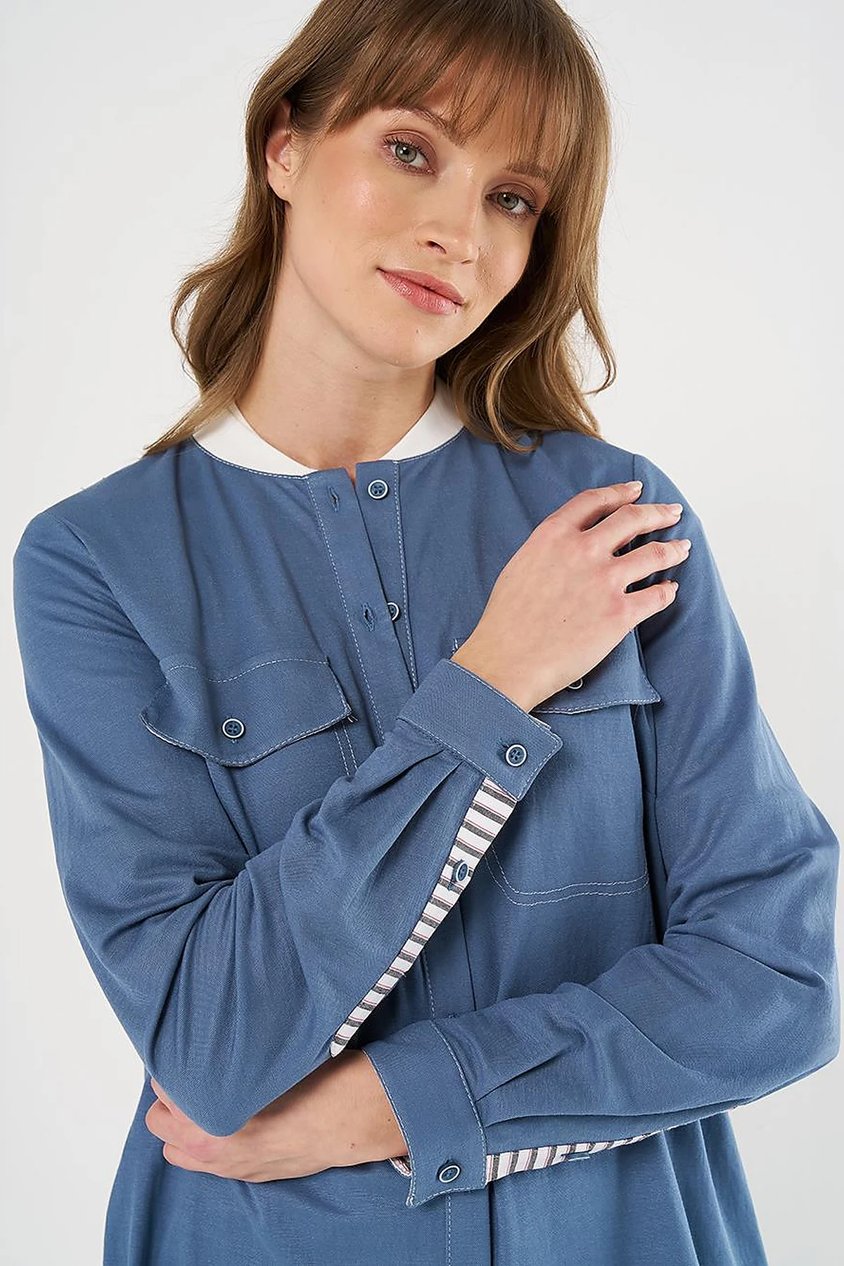 Point Stitch College Collar Tunic Indigo