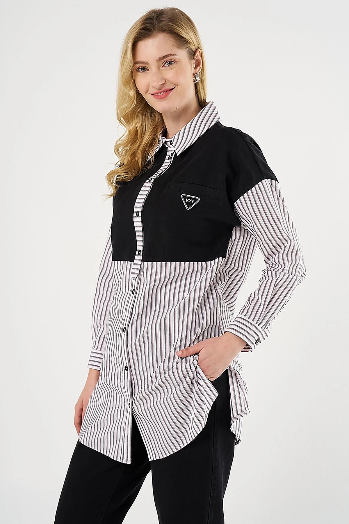 Denim-Trimmed Modal Tunic Black