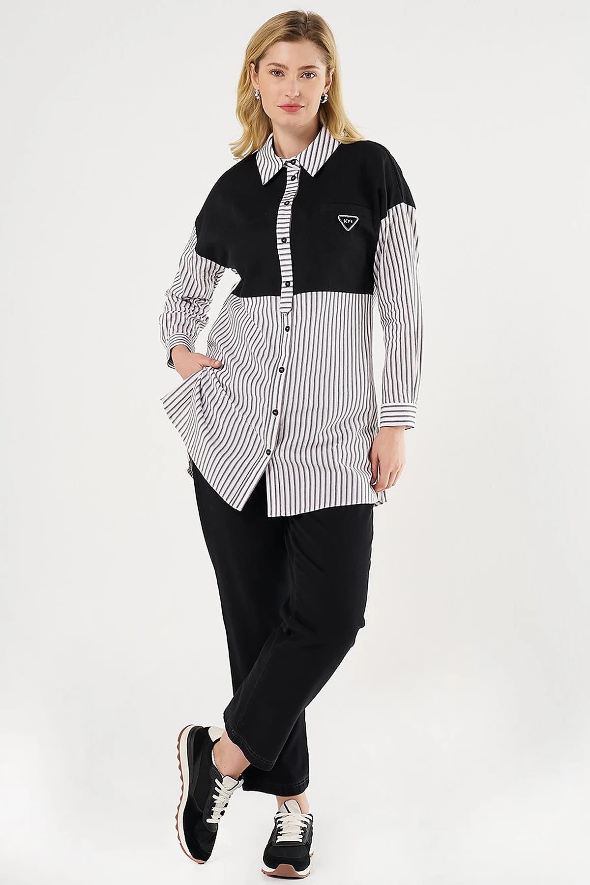 Denim-Trimmed Modal Tunic Black