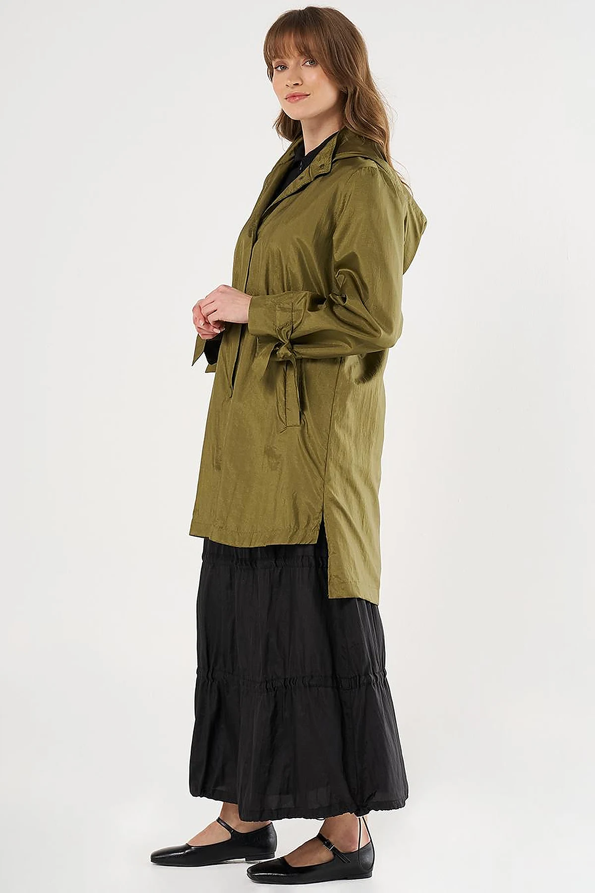 Hooded Lace-Up Coat Khaki