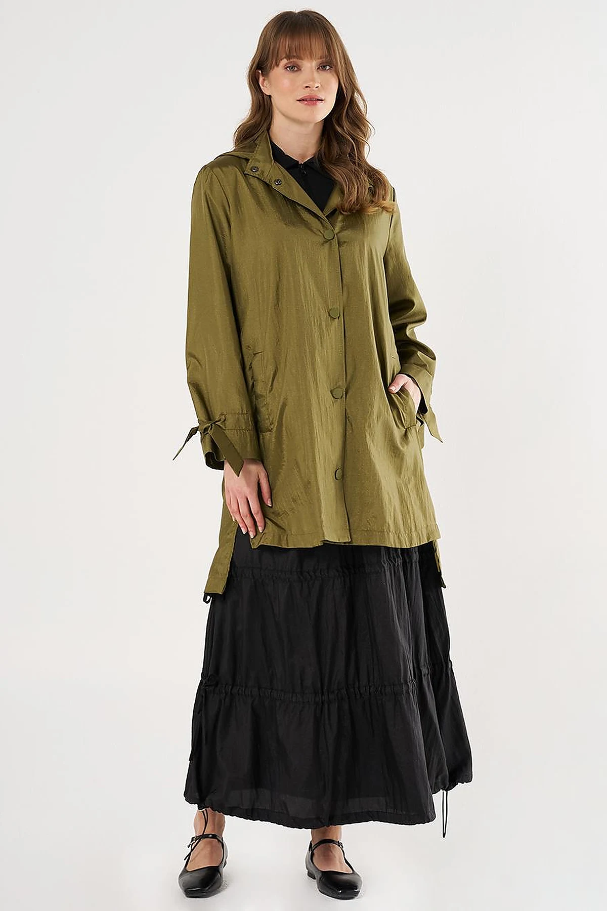 Hooded Lace-Up Coat Khaki