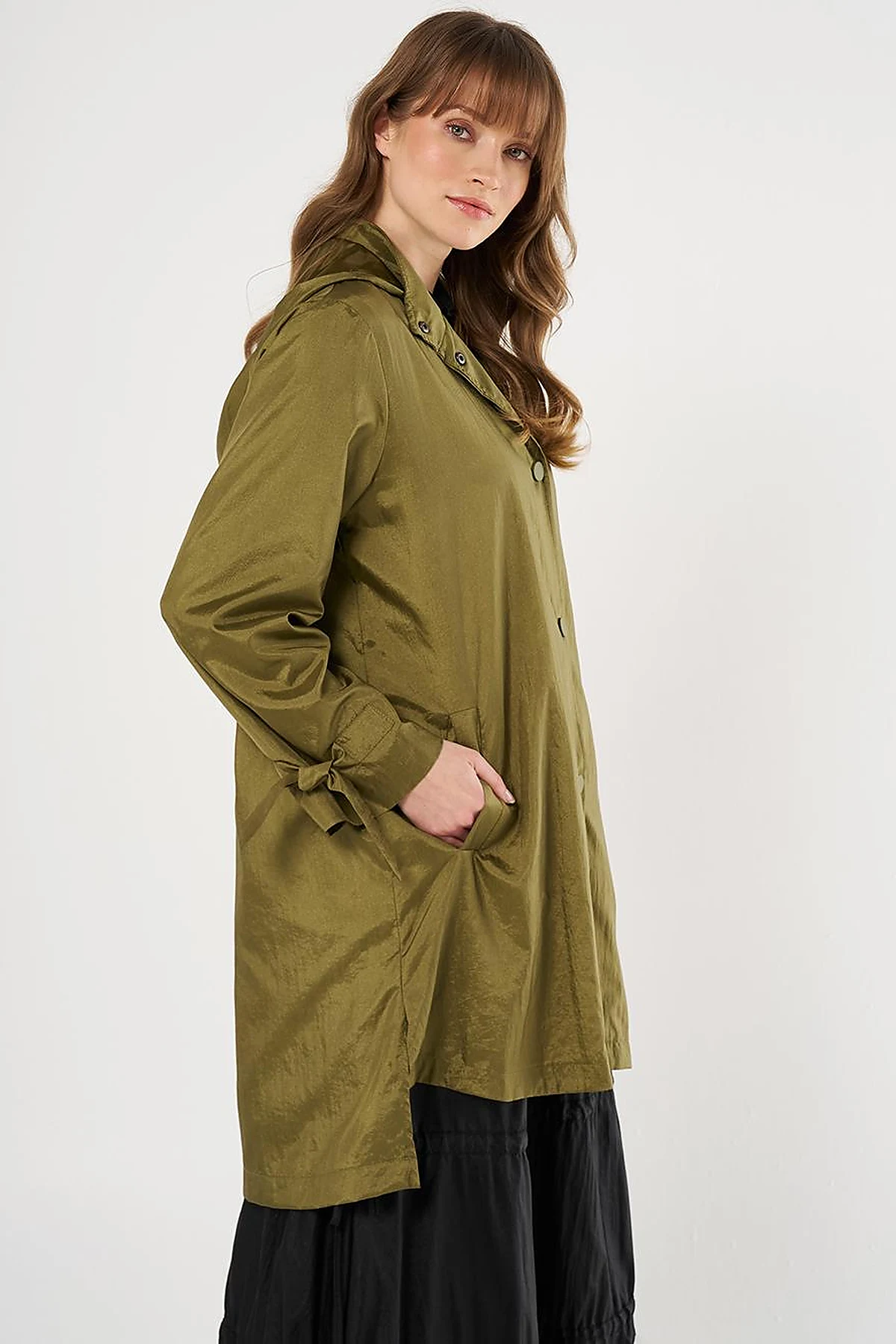 Hooded Lace-Up Coat Khaki