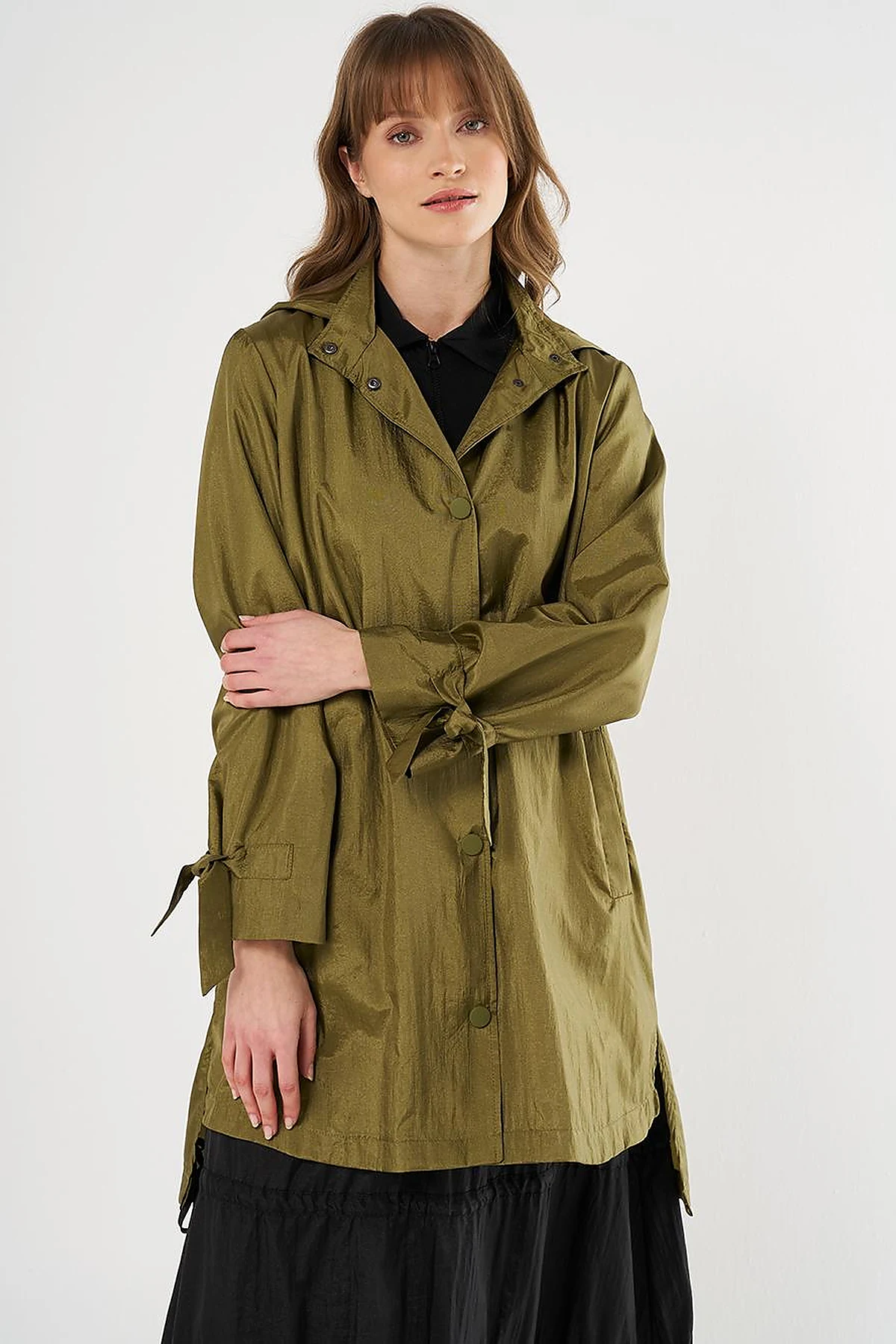 Hooded Lace-Up Coat Khaki