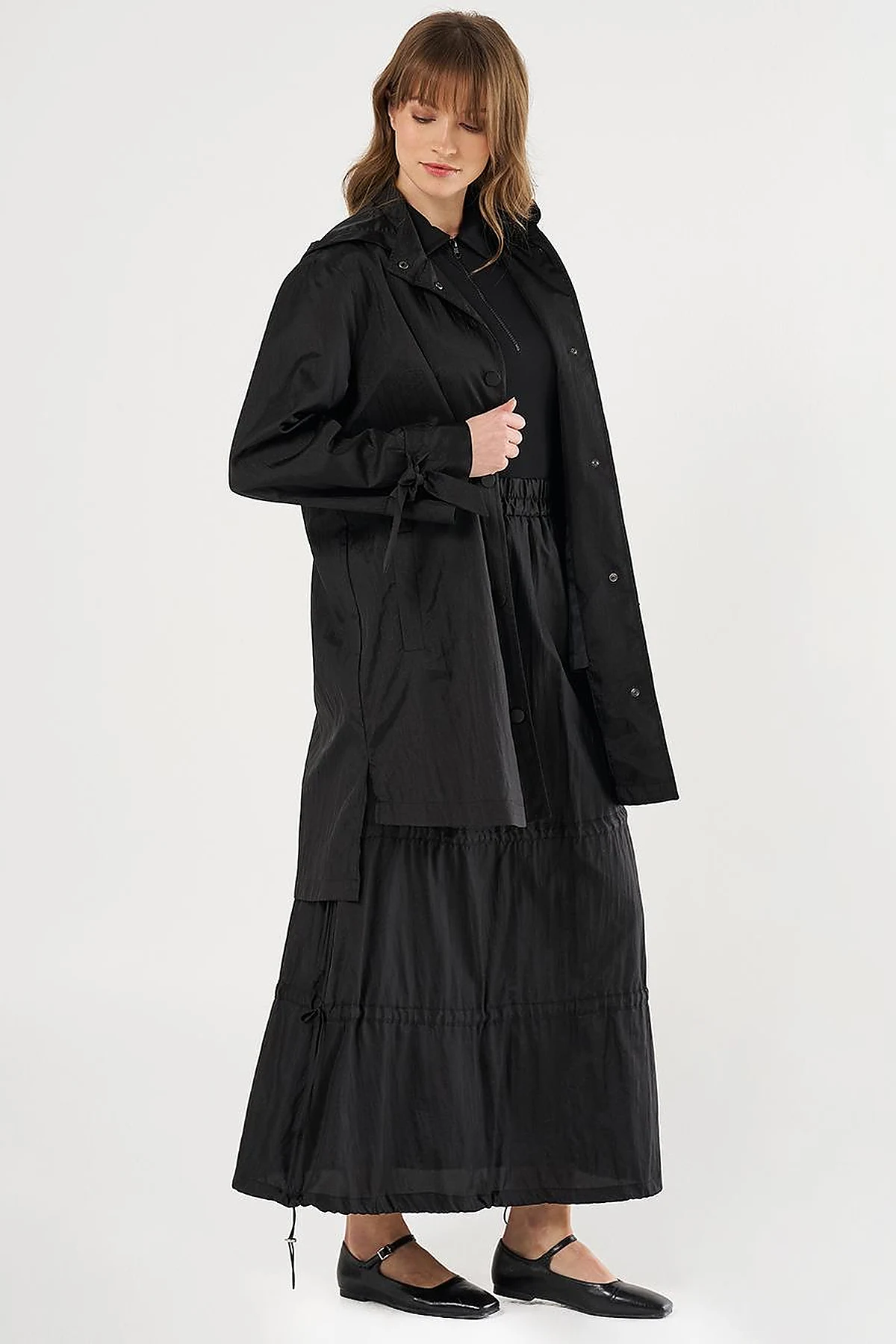 Hooded Lace-Up Coat Black