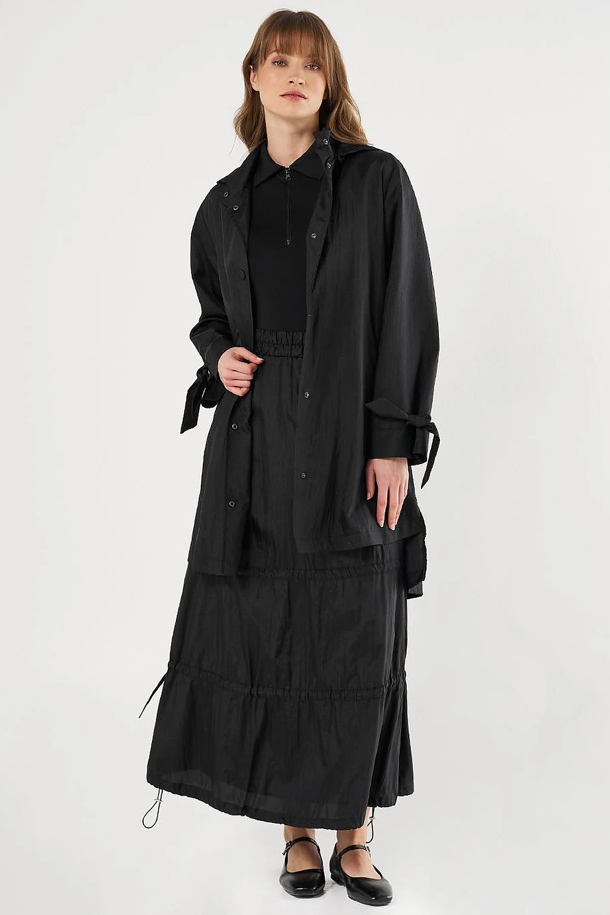 Hooded Lace-Up Coat Black