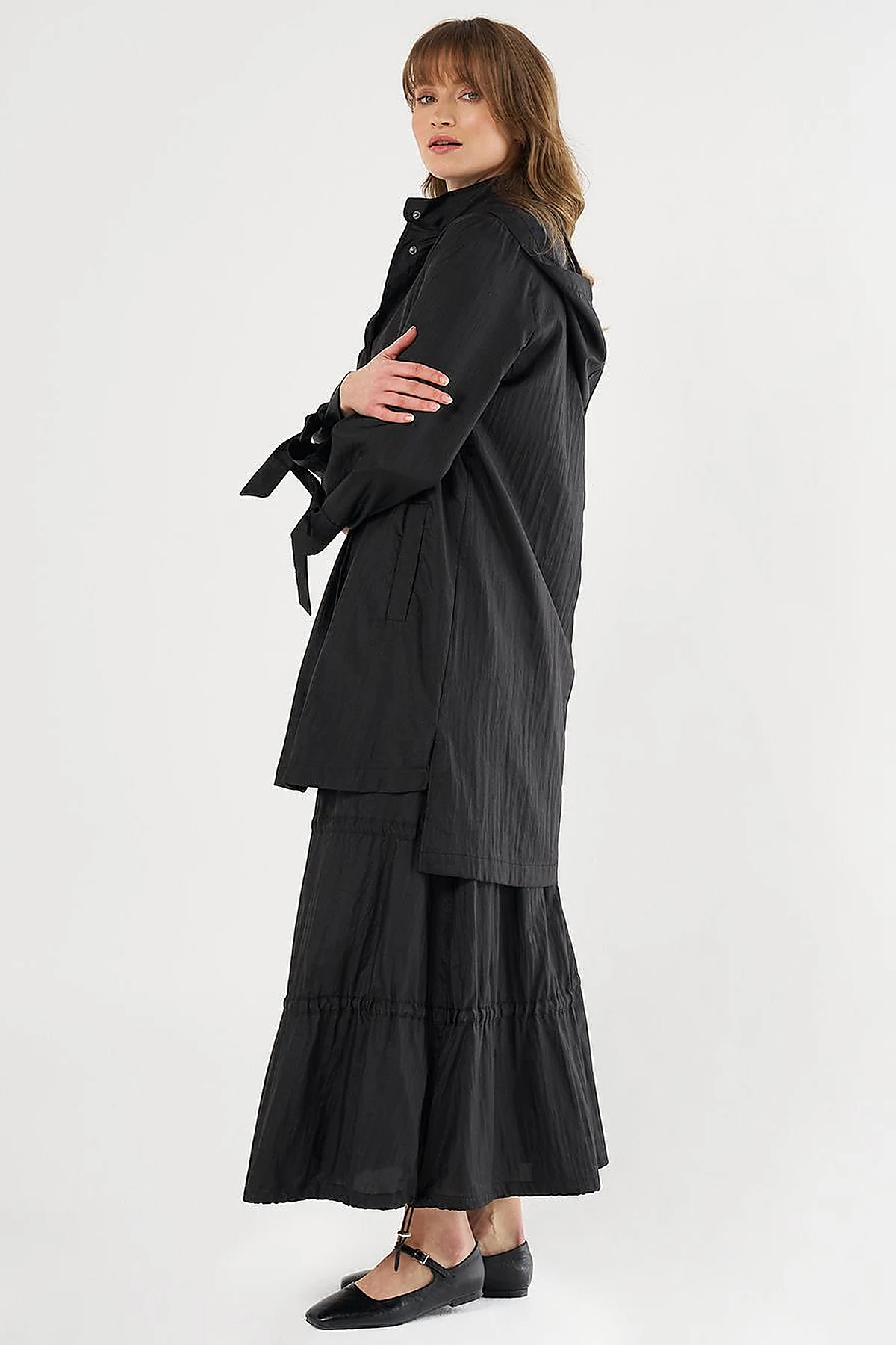 Hooded Lace-Up Coat Black